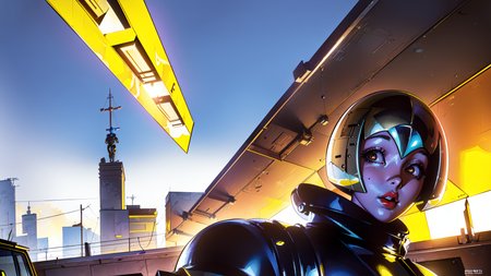 1960s scifi cover art, ("the Elusive Empyrean, Golden hour":1.2), (masterpiece), (best_quality), (illustration), anime movie background, official art, outlandish location design, a (saturated Gull Girl:1.3)Belizean (scrapyard:1.3)[, trending on artstation::0.4], absurdres, <lora:bombshell:1>