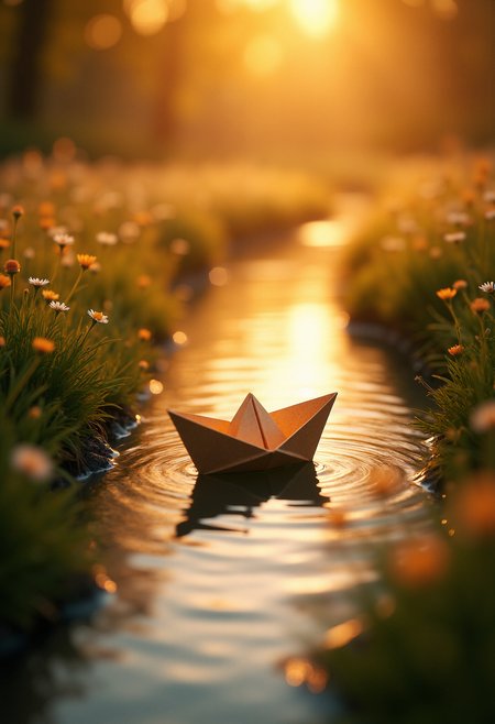 A small paper boat floating gently down a narrow, winding stream. The water is clear, reflecting the warm, golden hues of a sunset. The stream is surrounded by soft, glowing grass and delicate wildflowers, with rays of sunlight filtering through the trees above. The entire scene is bathed in a warm, golden light, creating a peaceful, nostalgic atmosphere. Tiny ripples in the water add a sense of motion, and the overall mood is calm and serene, evoking a sense of simple beauty and tranquility.   <lora:FluxDFaeTasticDetails:0.8> <lora:aidmaImageUpgrader-FLUX-V0.1:0.33> detailmaximizer,   <lora:Sinfully_Stylish_.02_for_FLUX-000002:0.4>
