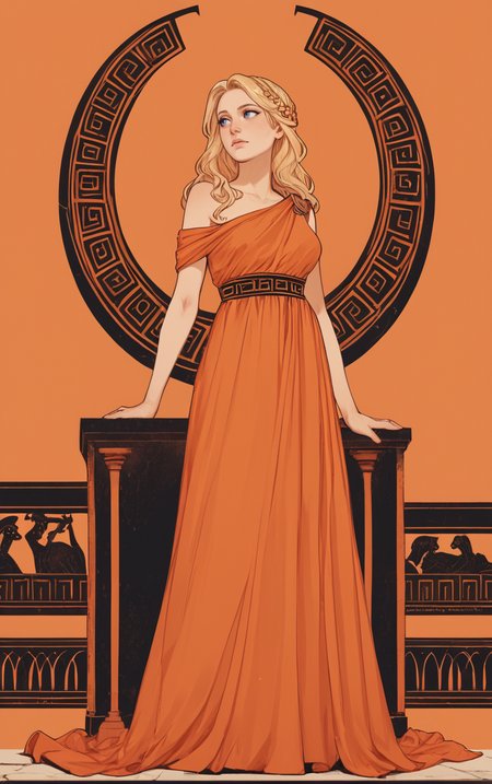 score_9, score_8_up, score_7_up, score_6_up, score_5_up, score_4_up, BREAK,
<lora:GreekPot-000008:1> 
gr33k, greek pottery, orange, 1girl, standing, full body, orange theme, armor, dress, long hair, orange background,
blonde hair, blue eyes, beautiful, looking to side,