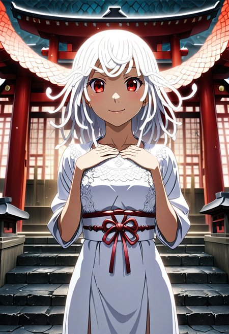 source anime, anime style, official art, "Sengoku Nadeko wrapped by a pale white snake around her, glowing under soft, eerie lighting, surrounded by detailed scales, mixed with a surreal and unsettling atmosphere, photorealistic textures." white_hair, red_eyes, medium_hair, snake_hair,  WHITE DRESS, looking at viewer, beautiful smile, japanese shrine, <lora:SDXLFaeTastic2400:0.4> <lora:extremely_detailed:0.4> extremely detailed, <lora:sn4ke:1>,sn4ke, Masterpiece,best quality,hi res,8k,hi res,8k,award winning,(sharp focus, intricate, highly detailed), rating:safe