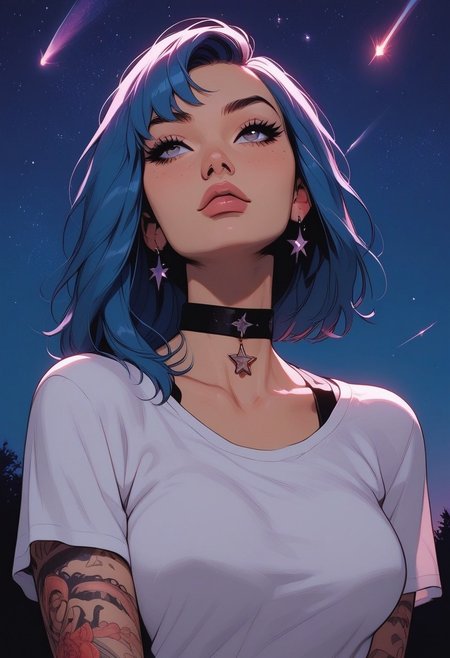 Score_9, Score8_up, Score_7_up, (((High Resolution, Best Quality))), 
1girl, solo, Covered in Tattoos, her hand on her head, brushing hair behind ear, 
Graphic tshirt, tight t shirt, large natrual breasts, cutoff, choker, looking up at sky, 
On a Cliff overlooking a beach, night, night sky, at night, stars, shooting star,