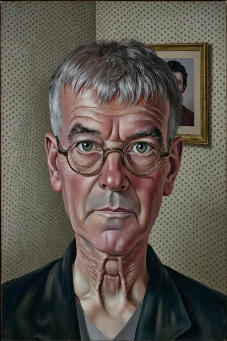 sspencer1 painting.
A painting of an elderly man inside a room with polka dot wallpaper. He has short, thinning, graying hair with a fringe that falls over his forehead. He is wearing round, wire-rimmed glasses. There is a picture frame hanging on the wall behind him.
 <lora:sspencer1_cap_d6a3:1.0><lora:832101032860407625:0>
