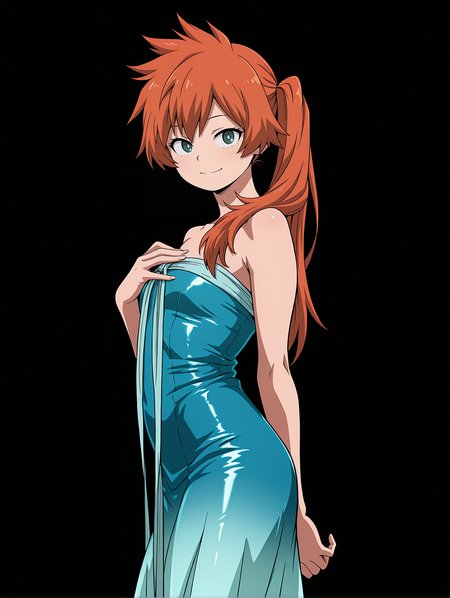 <lora:Kendo Illu:1>
1girl, solo,
kend0, long hair, orange hair, side ponytail, green eyes, 
kendocont3st, aqua dress, shiny dress, long dress, gradient dress, strapless dress, chest ribbon, long ribbon, 
cowboy shot, smile, looking at viewer, posing, from side,, masterpiece, best quality, amazing quality,, simple background, black background