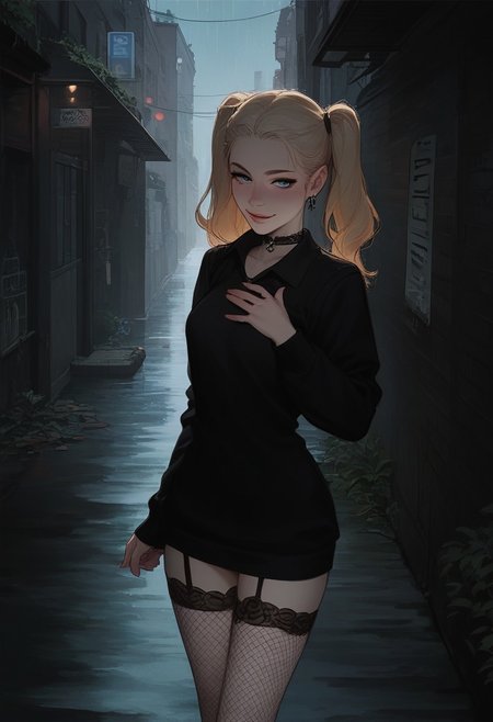 score_9,score_8_up,score_8,score_9,(((pastel colors, high contrast,expressiveh,solo,)))((standing,posing, blue eyes,blonde hair,straight hair, twintails,pale skin,choker,cute,black sweater vest,garter straps, fishnets, naughty face,)) (1girl,small breasts ,detailed eyes)epiCPhoto,perfecteyes,alleyway,rain,