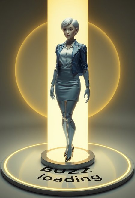 A photo of a highly detailed and highly realistic humanoid robot.
She is standing on a charging pad, she is surrounded by a round column of mild yellow light.
On the floor of the pad the text "BUZZ loading" is projected in a circle around he column of light.
She has mostly human like features. The fact that she is a robot is only indicated by some artificial lights under her skin. 
She is wearing a tight fitting short professional looking skirt and a white blouse under a blue jacket and black high heels.
She has a short but feminine haircut.