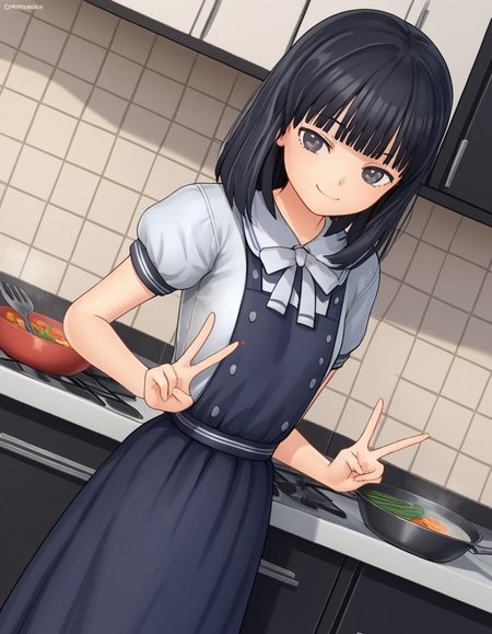 score_9, score_8_up, score_7_up, source_anime, <lora:rinze-himenogi-ingame-ponyxl-lora-nochekaiser:1>, rinze himenogi, bangs, black hair, blunt bangs, black eyes, 3d, skirt, dress, school uniform, short sleeves, puffy sleeves, black dress,, kitchen, cooking, apron, cutting vegetables, home cooking, , , v, v over mouth, smug,, solo,, dutch angle,