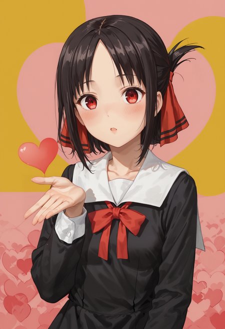score_9,score_8_up,score_7_up,high quality,highres,masterpiece,abstract background,(((hearts))),heart,multicolored background,colorful,<lora:frieren_blowing_a_kiss_pony>,blowing kiss,heart,<lora:PONYXL_KaguyaShinomiya_ownwaifu:0.8>,MainOutfit_Kaguya_ownwaifu,1girl,black hair,red eyes,shinomiya kaguya,sidelocks,parted bangs,shuuchiin academy school uniform,hair ribbon,red ribbon,folded ponytail,short hair,black dress,collarbone,neck ribbon,long sleeves,small breasts,empty eyes,collared dress,white sailor collar,nose blush,bangs,school uniform,breasts,hair bow,kneehighs,blank stare,collared shirt,pinafore dress,ribbon,eye reflection,shiny hair,forehead,<lora:Expressive_H:0.8>,ExpressiveH,<lora:add-detail-xl:2>,âââ,âââ