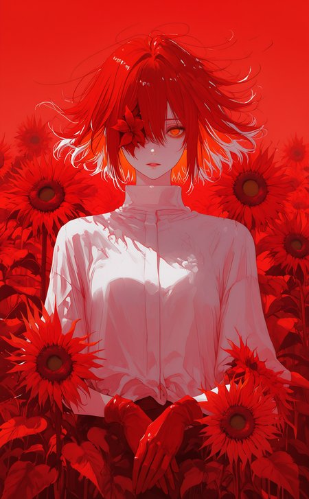 masterpiece, best quality, amazing quality, 1girl, solo, looking at viewer, short hair, shirt, hair between eyes, white shirt, upper body, white hair, flower, multicolored hair, red hair, parted lips, orange eyes, colored inner hair, red gloves, one eye covered, sunflower, straight-on, red theme,wind, nhl-001, limited palette, realistic,painterly, <lora:noobai_ep11_stabilizer_v0.138_fp16:0.3> <lora:NOOB_vp1_detailer_by_volnovik_v1:0.3> <lora:FreakyFreak:0.8> <lora:nhl-002-nai:0.7> <lora:XXX667:0.6> <lora:nhl-001-20:0.8>