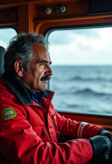 yfg-l3ms, YFG-Th3Dud3 a heroic 57-year-old coast guard officer, stubble on his strong jawline, scanning stormy seas from a shipâs deck