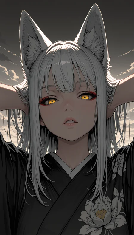 masterpiece, very awa, amazing quality, best quality, newest, highres, absurdres, 1girl, fox tail, sky, white hair, long hair, animal ears, yellow eyes, kitsune, parted lips, looking at viewer, kimono, floral print, outdoors, portrait, arms behind head, adjusting hair, cloud, volumetric lighting,<lora:HyperdetailedColoredPencilIl:0.25>  ArsMJStyle, Colored pencil hyperdetailed realism, <lora:Sinozick_style:0.75> Sinozick_illu,gradient,spot color, <lora:illustriousXL_stabilizer_v1.23:0.3>