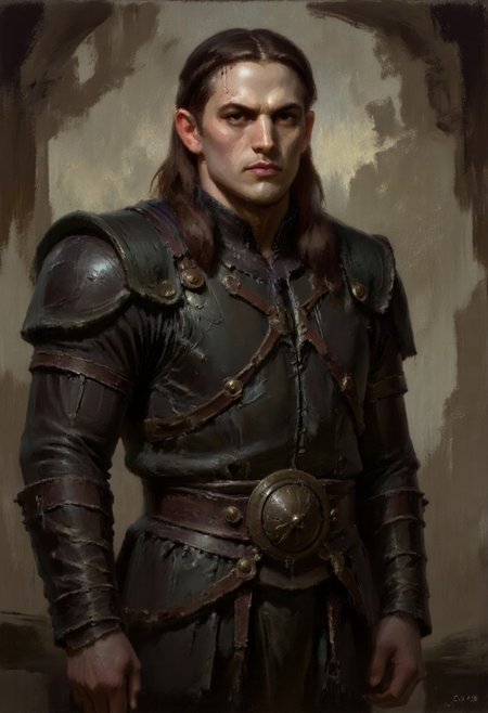 Dark-Fantasy-Cardd-V.2.0 style dark fantasy oil painting with detailed eyes that features a male elf warrior, with long black hair wearing a black leather armor