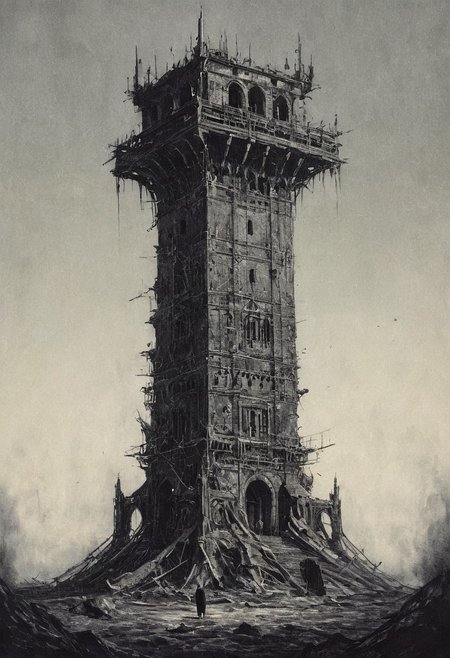 A white round tower with no windows or doors rises above a dead, lifeless wasteland and rests against an equally dead, grey sky. The tower was gigantic, occupying the entire focus of the painting. At its foot several human figures stood frozen, bowing in awe before the monstrous structure. Some were prostrate on the ground, others were kneeling, clasping their hands in a prayerful gesture. The figures were blurred, indistinct, like other details, as if emphasizing the grandeur of the tower and the insignificance of everything else. On a wide flat platform crowning the tower there was an amorphous, slug-like creature extending beyond the boundaries of the painting. CharcoalDarkStyle, detailxl