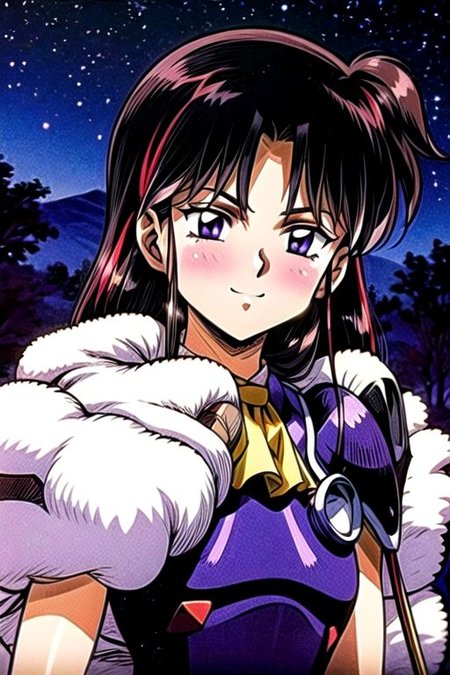 best quality 1girl Setsun4 solo long hair,  (night time) forest background black hair very long hair purple eyes multicolored hair armor, small, (fur trim) (medium body),<lora:EMS-179-EMS:0.800000>,<lora:EMS-293862-EMS:0.800000> bow, hair_bow, hair_tubes, red_bow, brown_hair, long_hair, bangs, ascot, frilled_bow, yellow_ascot, blush, smile, hair_between_eyes, athletic, armor, miko,  Smiling, happy, dragoon helmet, (helmet)