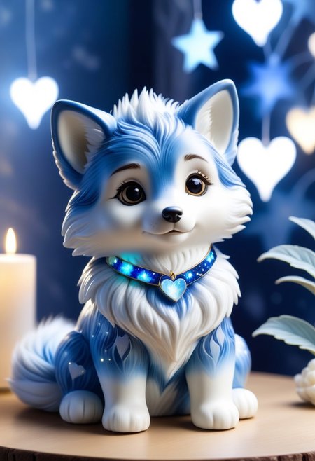 1 baby wulf made of Bluepatternporcelain  being playful, wearing a choker made of Aura Quartz in different colours, different fur, super cute,, The Wulf is sitting on a Couch,lluminated by the ethereal glow of soft lightning, the light is reflecting shadows on the cute animal, for the viewer, it appears alive, as if a glimpse of its inner sparkle is possible, star sky, peacful and grateful atmosphere, painted hearts, magical atmosphere, close up(((cuteness overload))