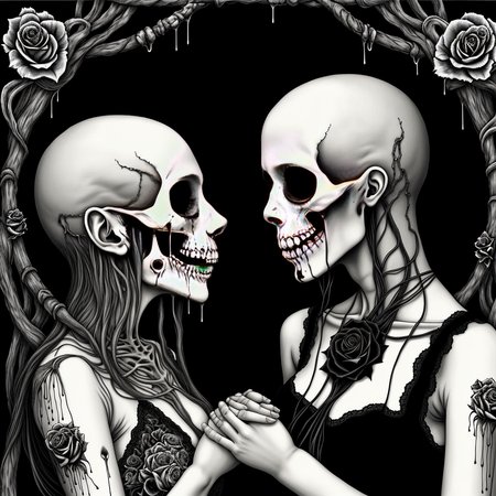 japanese line art , two woman intertwined on a bed, skull patterns, roses, linen , (bloody face, dripping blood:1.2) , dripping blood, skeletal figures, gore, (aged black background:1.2) , weathered canvas and brushstroke , (intricate eyeball pattern background:1) , , bad quality , low res, , in the style of takato yamamoto, unfinished, ugly, <lora:takma2:1.2>