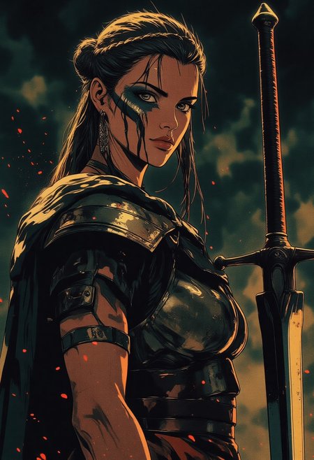 Female Roman soldier, Revenant, war paint, face paint, eye black, glowing eyes, glancing at viewer, in profile, toned arms, braided hair, battle damaged armor, large breasts, breast plate, dark and moody background, adds a dramatic tone, subtle lighting reflections, ray traced, foreshortening, particle effect, Holding a sword,