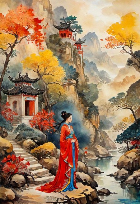 tj, cangyunshan, landscape, chinese ink painting, oil painting, Beautiful Chinese girl, 
Oil Painting, Renaissance Paintings, watercolor painting, concept art, painterly, surreal painting,
((beautiful, painterly, detailed, textural, artistic)), (digital artwork, illustrative, illustration), (((intricate details, highly detailed, ultra-detailed))), (absurdres:1.5), (unreal engine, octane rendering, Anti-Aliasing, sharp focus, natural lighting, high saturation, high contrast, vivid, vibrant, studio lighting, best texture quality), beautiful detailed scenery,