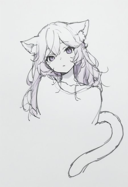masterpiece, best quality, 1girl, solo, Ny4nners, purple eyes, pink hair, long hair, cat ears, cat tail, simple background, cropped torso, parted lips, head tilt, looking at viewer, greyscale, monochrome, lineart, sketch, graphite \(medium\), traditional media, <lora:ChamNyatashaNyannersNoob:1>