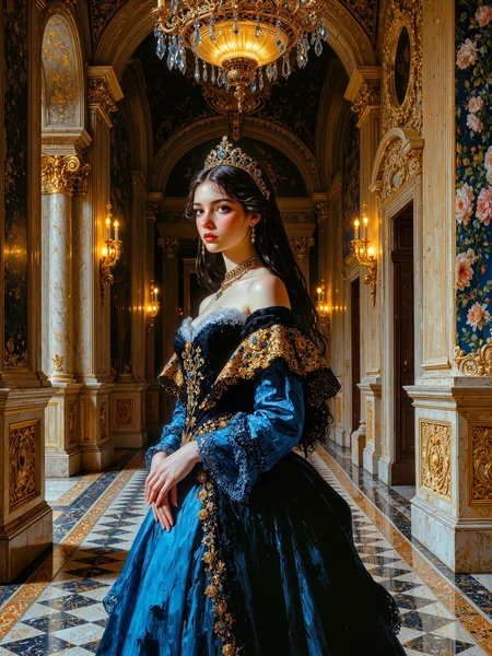 masterpiece, symmetrical interior, highly detailed background, highest quality, oil painting, traditional media, refined details, realistic, a masterful court portrait painting in the tradition of 19th-century aristocratic portraiture, influenced by romanticism and classical paintings, the subject is a gorgeous young spanish princess posed with grace and poise, she wears a regal gown of black and royal blue velvet, the bodice is embroidered with golden floral motifs and shimmering sequins, the neckline is gently off-shoulder, while the wide skirt flows in layered folds trimmed with intricate lace, the fabric catches the light with a subtle sheen, emphasizing depth, movement, and rich texture, her long, silky black hair falls in soft waves, decorated with a finely detailed tiara set with sapphires and pearls, a matching necklace and pearl earrings complete the ensemble, adding refinement and symmetry, her posture is composed and noble, hands gently clasped in front of her, with a slight regal smile and eyes averted in classic portrait fashion, the setting is a grand marble ballroom, vast and symmetrical, polished black and gold-veined flooring gleams beneath a single immense chandelier, its crystal ornaments cast delicate flecks of golden light across marble and molding, shaping space through luminance, a few steps behind her, ornate golden columns frame arched alcoves and sculpted walls, the ambient glow from the chandelier creates a natural vignette of shadow and light, isolating her figure and emphasizing presence, the composition is a formal full-body portrait from a slightly low angle, designed to convey dignity and nobility, the lighting is soft and directional - rembrandt-style chiaroscuro lighting enhances her face, posture, and gown, golden highlights dance across velvet, embroidery, and jewels, while cooler shadows envelop the architecture in painterly gloom, the textures are hyper-detailed and harmonious: silk, metal, skin, lace, and marble rendered with care, deep blacks, rich golds, and cool sapphire tones dominate the palette, the atmosphere is warm, intimate, and noble - an homage to oil-on-panel portraiture from the romantic era, ovg, <lora:style-rembrandt-flux-by_tangbohu:0.84> <lora:style-franz_xaver_winterhalter-flux-by_tangbohu:0.44> <lora:epic_gorgeous_details-balance-flux-by_flyway:0.44>