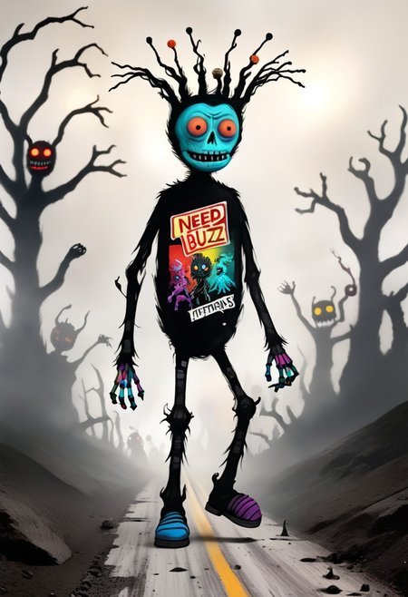 colorful, creepy drawing, simple illustration, childlike illustration. creepy, scary, wonderful creatures, World Morph Felt, 
a vast, endless cyber-highway of broken neon billboards and flickering browser tabs, the asphalt pixelated and shifting with corruption, Bionicle Sean marches forward, his massive metal boots leaving behind distorted footprints in the digital dust, ((need_buzz)), holding sign that reads "I need buzz!", his cybernetic half-face glitching between identities, his elongated limbs jittering like a buffering video, he takes a deep pull from his modem vape, releasing a fog of nostalgic internet fragments, pop-up ads and lost Napster downloads swirling around him, the distant hum of a dial-up connection struggling to connect as he wanders toward the fading edge of cyberspace
in the style of the decaying empire of Wurstreich, dark magic and grotesque creatures abound, inspired by Sean Aaberg's punk aesthetic, dark fantasy world combines grim landscapes with vibrant, exaggerated colorful art, heroes skirmish monstrous foes in a setting where rebellion, decay, and mysticism intertwine, crafting a unique, immersive vibe
, the scene is captured in dimly lit dark fantasy but vibrant colors, with bold ink lines defining form against the watercolor wash of the aged paper