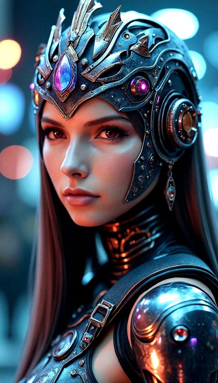 A photorealistic 3/4 portrait of a regal biomechanical woman, her head adorned with a metallic crown-like apparatus, glowing with intricate lights in shades of blue, purple, and gold. Her long, flowing hair gleams with an iridescent sheen, framing her symmetrical face with subtle highlights. The lighting is a balance of soft, diffused neon and darker shadows, accentuating the reflective textures of her armor, which is engraved with ornate futuristic designs. Her environment feels otherworldly, with blurred holographic lights creating a dynamic yet surreal ambiance.
 <lora:Tifa_on_Flux:0.75> <lora:realism_lora_comfy_flux_converted:0.5>