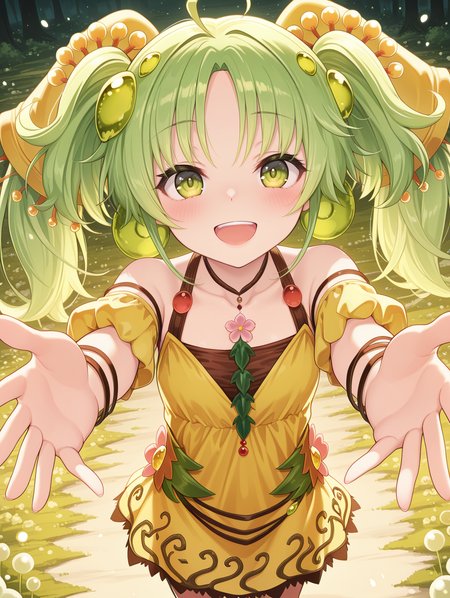 traptrix sera, 1girl, solo, open mouth, outstretched hands, reaching towards viewer, smile, looking at viewer, collarbone, teeth, from above, white plant, cowboy shot, :d, upper teeth only, blush, yellow hair ornament, green ball earrings, brown choker, brown crop top, yellow strapless dress, yellow puffy short sleeves, brown bracelet, dutch angle,
masterpiece,best quality,amazing quality,very aesthetic,absurdres,newest,<lora:Traptrix Sera illuXL v1:0.75>,