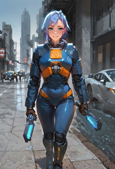score_9,score_8_up,score_7_up,source_anime, 1girl, (((master piece:1.2))),(((best quality:1.2))),(((ultra detailed))),(((1girl))),(((intricate))),(((anime screencap))),(((very aesthetic:1.2))),((( Cité 17 background))),(((absudres:1.2))),(((embroidered))),(((scenery))),((extremely detailed CG)),(dynamic angle:1.4), woman in sci fi outfit standing on deserted street holding crowbar, 
BREAK,
half life (series), (ami mizuno reimagined as a scientist in hev suit from half life 2),breasts, 1girl, blue_hair, blue_eyes, (dynamic pose:1.4), Cité 17 background, smile, solo, looking_at_viewer, detailled_background, blue short_hair, blush, boots, gloves, standing, cowboy_shot, hev armor style, holding a crowbar, weapon, solo focus, holding, outdoors, covered navel, hev suit bodysuit
BREAK;
(intricate details:1.12), (intricate details, hyperdetailed:1.15), hdr, dystopian sci-fi city, (at day:1.2), cinematic, half life aesthetic, science aesthetic, ominous background, bimbo atmosphere, lustful atmosphere, gray and pastel theme, city background, ground vehicle, motor vehicle, car, building, electric cable, camera,