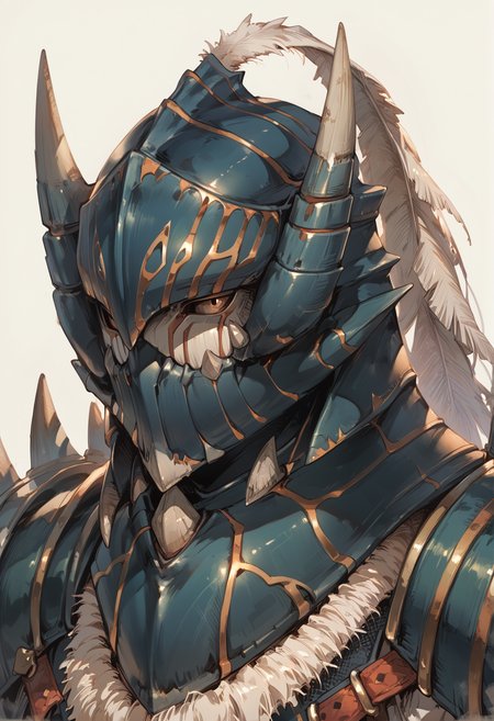 (score_9:0.9),score_8_up,score_7_up,rating_safe,anime style,(zPDXL),<lora:Akantor armor - male ponyXL v1:0.7>,close-up,akantor armor,solo,black helmet,full armor,male focus,1boy,simple background,white feather,covered face,