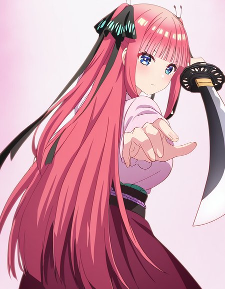 masterpiece, best quality, newest, absurdres, highres, safe,, <lora:nnakano-s2-ponyxl-lora-nochekaiser:1>, long hair, bangs, blue eyes, hair ornament, hair ribbon, pink hair, blunt bangs, two side up, butterfly hair ornament, large breasts, anime screencap, <lora:gatotsu-stance-illustriousxl-lora-nochekaiser:1>, gatotsu stance, weapon, sword, katana, holding weapon, holding, holding sword, foreshortening, japanese clothes, kimono, looking at viewer,, ,