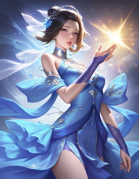 looking at viewer,solo,1girl,dingshangwan,simple background,white background,cowboy shot,blue dress,<lora:dingshangwan-000010:1>,, masterpiece, best quality, very aesthetic, absurdres,newest, incredibly absurdres,, ((((very awa)))),((golden light)),(diffuse reflection:1.3),{best quality, amazing quality, very aesthetic,absurdres,realistic,reverse light,golden light,},best quality,amazing quality,very aesthetic,absurdres