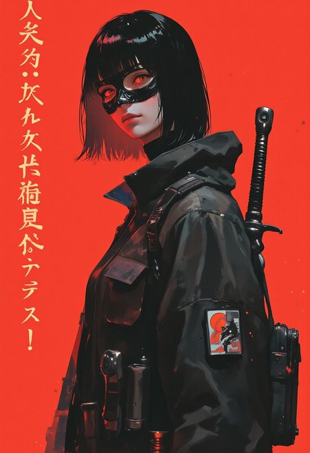 This digital illustration features a young woman with a striking appearance set against a solid, vibrant red background. She has fair skin, and her dark, straight hair is styled in a bob with blunt bangs. Her eyes are a striking red, which contrasts starkly with her pale complexion. She is dressed in a dark, oversized, high-tech jacket with numerous pockets and straps, suggesting a futuristic or tactical style. Over her jacket, she wears a black, high-collared mask that covers her mouth and part of her nose, adding an air of mystery and secrecy. She carries two long, sleek swords, one on each shoulder, with the hilts resting on her shoulders. The swords are made of a dark metal, and their blades are sharp and pointed. Her posture is confident and slightly forward-leaning, indicating readiness or determination. The overall color palette is dominated by blacks, grays, and reds, with a high level of detail in the textures of her clothing and the sleek, polished appearance of the swords. The illustration style is contemporary digital art, characterized by clean lines, bold colors, and a focus on high contrast and dramatic lighting. The background is a solid, vivid red, which enhances the intensity and focus on the subject. Hindi characters are inscribed vertically on the left side of the image, replacing the original text, possibly adding depth to her identity or background.