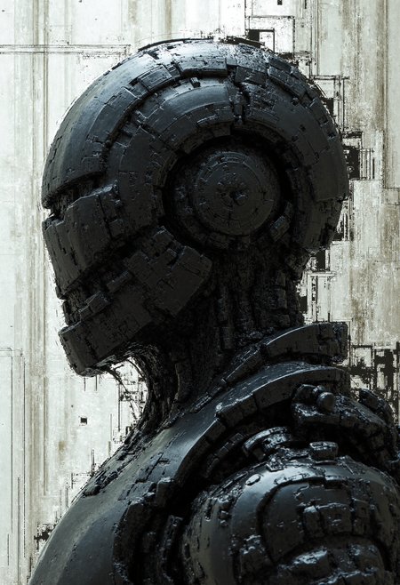 Highly detailed glitch art half-length portrait of a metallic robot. The robot’s matte black metal body is composed of sharp, angular plates with gaps revealing glossy black latex beneath, creating a striking contrast between the rigid metallic exterior and the smooth, flowing latex underneath. The interplay of the exposed latex and layered metal plating adds depth and complexity to the design. The background features abstract digital elements, including fragmented texts, cascading glitch effects, and shifting digital distortion, enhancing the chaotic, futuristic atmosphere. Depth of field emphasizes the robot’s textures, highlighting the tension between the sharp edges of the metal and the glossy, flexible latex visible in the gaps.
