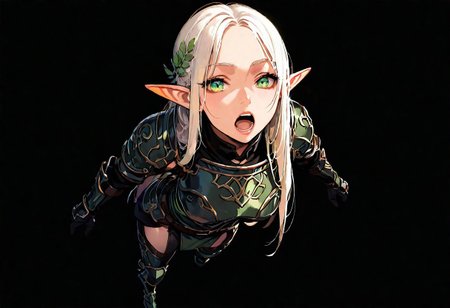 1girl, elf girl, armor,  backguard, teeth, lips, thin lips, solo, looking at viewer, open mouth,   masterpiece, best quality, very aesthetic,  full body, simple background, black background