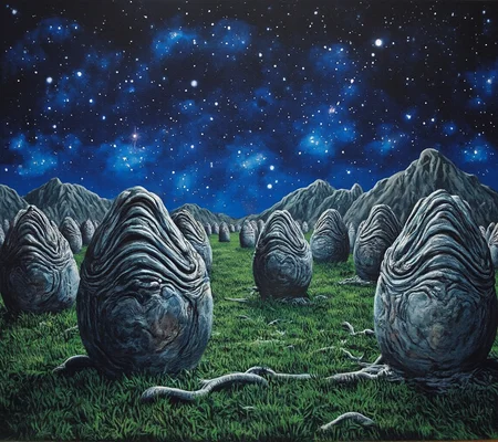 graffiti style,   painting, grey xenomorph eggs, on night grass field <lora:Xenomorph_Egg_Flux:1>,,   night  sky full of stars, galaxies, vivid light, street art, vibrant, urban, detailed, tag, mural
