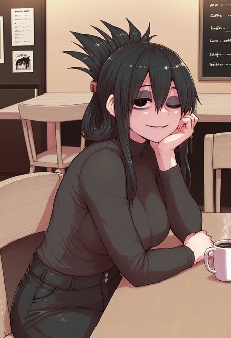 1girl,solo,mm,mature female,black hair,black eyes,long hair,bags under eyes,breasts,folded ponytail,
shirt,pants,cafe,table,chair,sitting,on chair,head rest, coffee mug, looking at viewer, one eye closed,parted lips, smile
,masterpiece,best quality,amazing quality,<lora:Zyugoya-karasuma-Kinjo_no_hito_no_nakimushi:0.8>