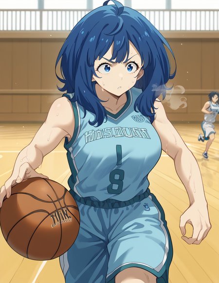 score_9, score_8_up, score_7_up, source_anime, <lora:anna-yanami-s1-ponyxl-lora-nochekaiser:1>, anna yanami, medium hair, blue eyes, ahoge, blue hair, large breasts,, <lora:basketball-dribbling-ponyxl-lora-nochekaiser:1> basketball dribbling, dribbling (basketball), basketball, basketball (object), basketball court, playing sports, ball, sweat, steam, running,, <lora:basketball-uniform-ponyxl-lora-nochekaiser:1> basketball uniform, basketball jersery, sportswear, jersey, shorts, sleeveless,, cowboy shot,