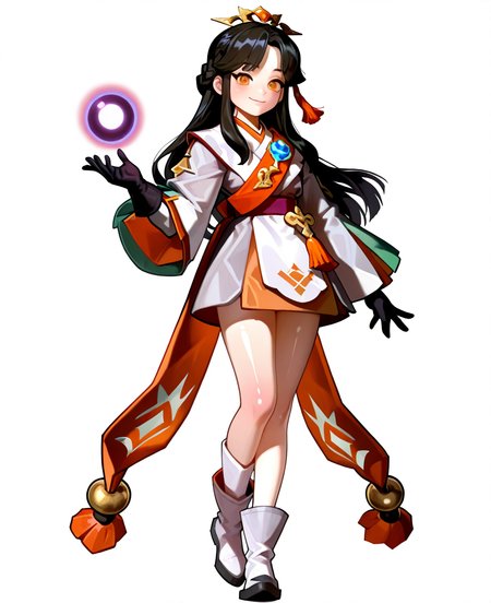 <lora:smashlegends:1> smashlegends,
(masterpiece), (best quality), (ultra-detailed), amazing quality, very aesthetic, illustration, perfect composition, intricate details, absurdres, incredibly absurdres, shiny skin, realistic,
 smashlegends, 1girl, solo, full body, gloves, sash, orb, white footwear, black hair, smile, long hair, closed mouth, sidelocks, standing, looking at viewer, hand up, orange eyes, long sleeves, simple background, wide sleeves, obi, transparent background, boots, heel up, happy, kimono, japanese clothes, gem, floating object, braid, hair ornament, arm at side, short kimono, black gloves, socks, white kimono, short dress, white socks, light blush, floating, tassel, general