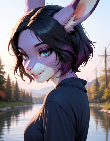 masterpiece, best quality, very aesthetic, absurdres,
outdoors, casual, 
upper body, headshot, from side, 
 seductive smile, parted lips, long eyelashes,
m4rl3nn3,1girl,solo,furry,furry female,black hair,short hair,rabbit ears,blue eyes,animal nose,whiskers,body fur,purple fur,