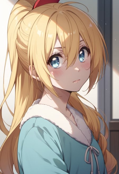 score_9, score_8_up, score_7_up, source_anime, kirisaki chitoge, long hair, blonde hair, blue eyes, 1girl, solo, blush, looking at viewer, hair between eyes, ponytail, closed mouth
