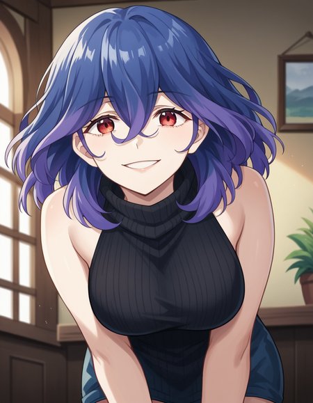 score_9, score_8_up, score_7_up, source_anime,
vermeil, <lora:vermeil-s1-ponyxl-lora-nochekaiser:1>,
vermeil, red eyes, hair between eyes, blue hair, purple hair, multicolored hair, medium hair,
sweater, bare shoulders, sleeveless, turtleneck, black sweater, thighs,
indoors, bent over, smile,
looking at viewer, cowboy shot, solo, dutch angle,