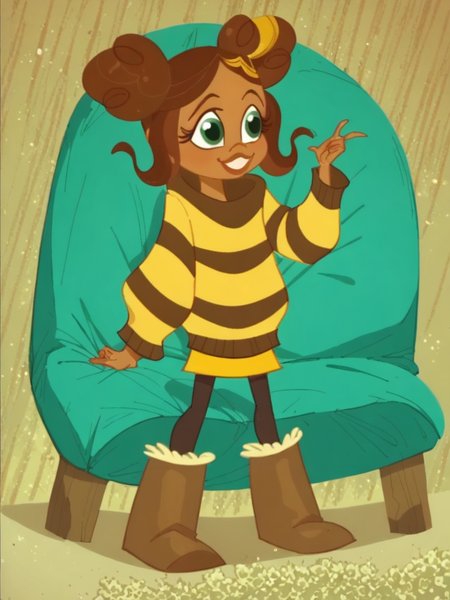 score_9, score_8_up, score_7_up, score_6_up, score_5_up,
bumblebee, brown hair, green eyes, dark skin, dark-skinned female, double bun, striped sweater, black leggings, brown boots
, 1girl, solo, facing viewer, small smile, full body
 <lora:mrsmiles:1> mrsmiles <lora:Bumblebee_-_DC_Super_Hero_Girls:0.9>