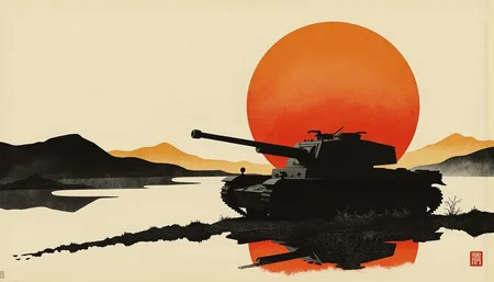 silhouette art of tank,,  <lora:type3:0.8>type3,
Abstract painting, black, red and white, woodblock prints, ukiyo-e, sunrise,