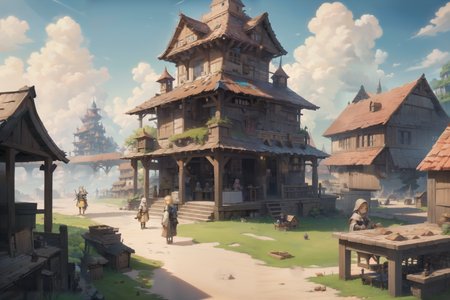 (masterpiece, best quality, highres, high resolution:1.2), sunny day, white clouds, clear weather, extremely detailed, intricate details, (rpg game vilage:1.3), landscape, rpg characters in the distance, merchant stands, armor merchant, swords merchant, herbalist, inn, festival, nostalgic, vibrant colors, game art, drawing, lots of small details, hyperdetail, 8K, Ultra-HD, <lora:Elixir:1.8>