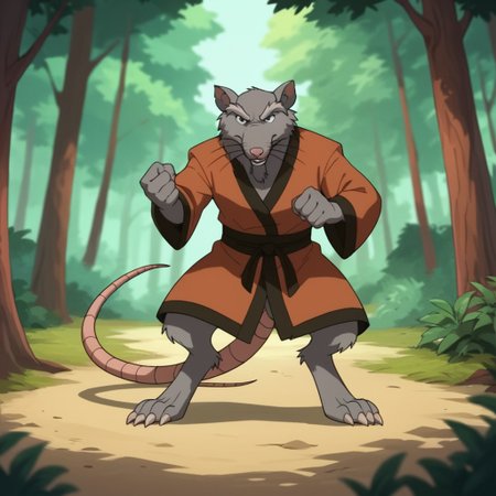 score_9, score_8_up, score_7_up, score_6_up, score_5_up, score_4_up, source_furry, Splinter03v2, semi-anthro, male, rat, grey fur, rat tail, red-orange kimono, standing, forest, fighting stance, <lora:360f1f08-e6c3-42e5-b0ae-5e389eca8ccc:0.7>