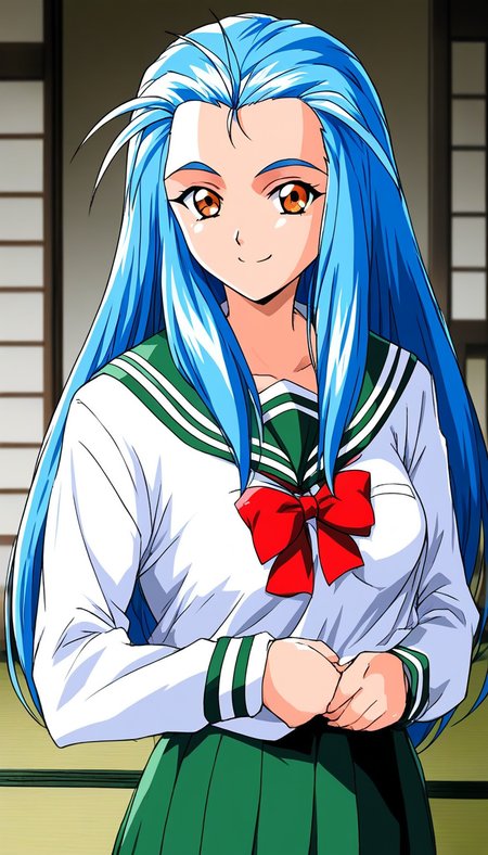 score_9, score_8_up, score_7_up, source_anime, rating_explicit, BREAK <lora:Minazuki_Kotoko_XL:1> Minazuki_Kotoko, blue hair, long hair, orange eyes, medium breasts,
1girl, solo, school uniform, looking at viewer, 1990s (style), 
upper body, bow, serafuku, red bow, long sleeves, striped, forehead, closed mouth, sidelocks
 standing, tatami,  smile,looking at viewer, cowboy_Shot,