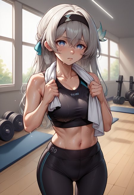 score_9, score_8_up, source_anime, 1girl, solo, FireflyHSR, blue pupils, long hair, black hairband, hair ornament, black sports bra, sweaty clothes, yoga pants, groin, sweat, wiping sweat, holding towel, gym, indoors, <lora:ChamFireflyV2PonyXL:1>