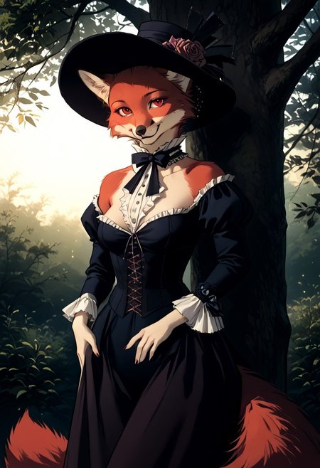 masterpiece,best quality, highly detailed, score_9, score_8_up, score_7_up, close up, very aesthetic, absurdres, highres, realistic, 5 fingers, (red fox), 1girl, (Victorian epoch outfit), hat plumage, fur, full body, (pumped athletic body:1.3), very confident, against tree, pumped breasts, furry, sexy, shy smiling, (wide hips), narrow shoulders, ((thick legs)), 
Victorian epoch, outside, dynamic light, warm_light, vibrant colors warm_colors, soft focus, high contrast, textured surfaces, depth of field, golden hour lighting, dramatic shadows, rich details, nature-inspired color palette,