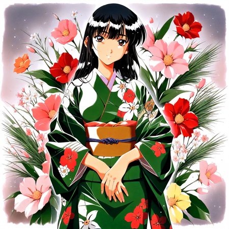 <lora:SG_ayasaki_wakanaXLanimagine001>,
masterpiece,high score,great score,absurdres,
flower background,glitter,
smile,
looking at viewer,
solo,
anime coloring,retro artstyle,1990s \(style\),
ayasaki_wakana\(sentimental_graffiti\),1girl,black hair,long hair,brown eyes,
print_kimono,
cowboy shot,
standing,