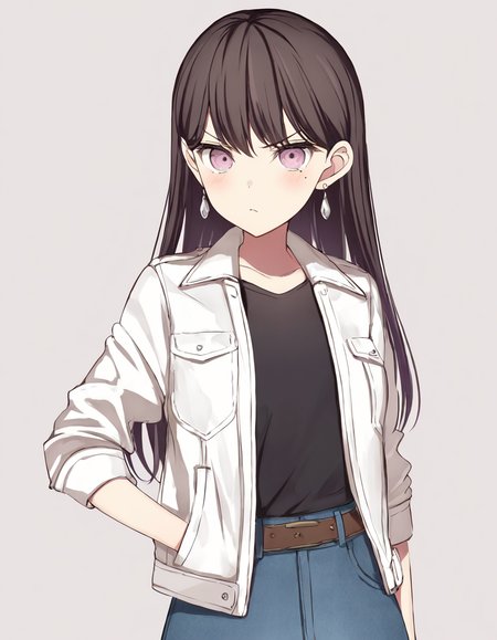 <lora:shiina_taki_IlluXL:1>, shiiina taki, mole under eye, 1girl, solo, earrings, belt, open jacket, white jacket, denim skirt, black shirt, simple background, looking at viewer, v-shaped eyebrows,, best quality, masterpiece,highres,