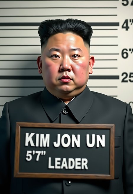 Create a photorealistic mugshot of Kim Jong Un. He is standing against a height chart with a neutral expression. The background should feature typical police mugshot elements like a height measurement scale and a nameplate that reads 'Kim Jong Un, 5'7", Leader'. The image should be highly detailed and realistic, showcasing the classic mugshot style in 4K quality